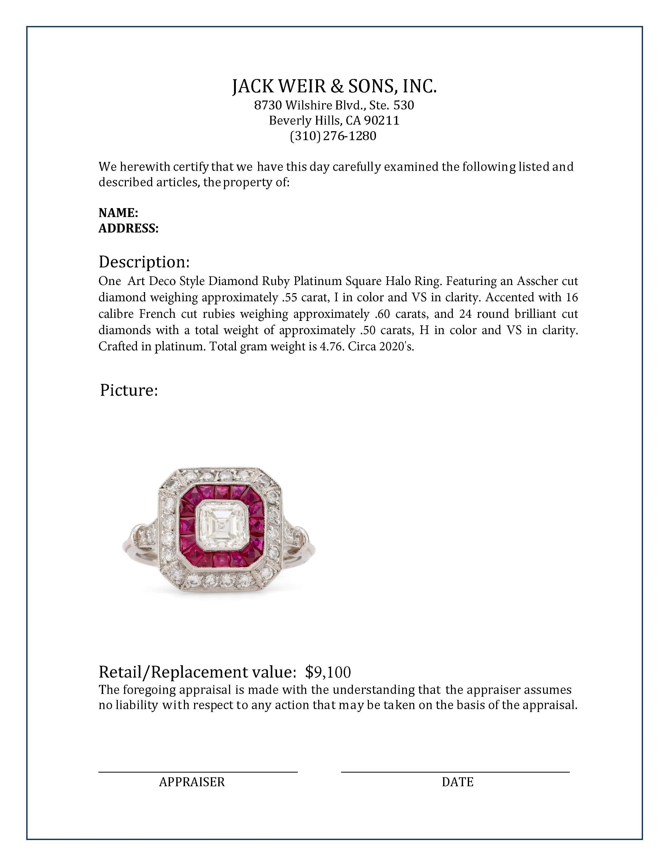 Art Deco Style Diamond Ruby Platinum Square Halo Ring