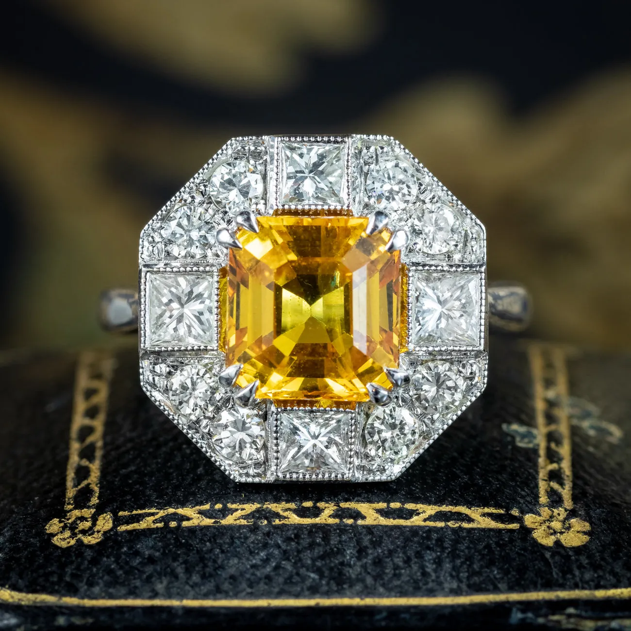 Art Deco Style Yellow Sapphire Diamond Cluster Ring 3.78ct Sapphire