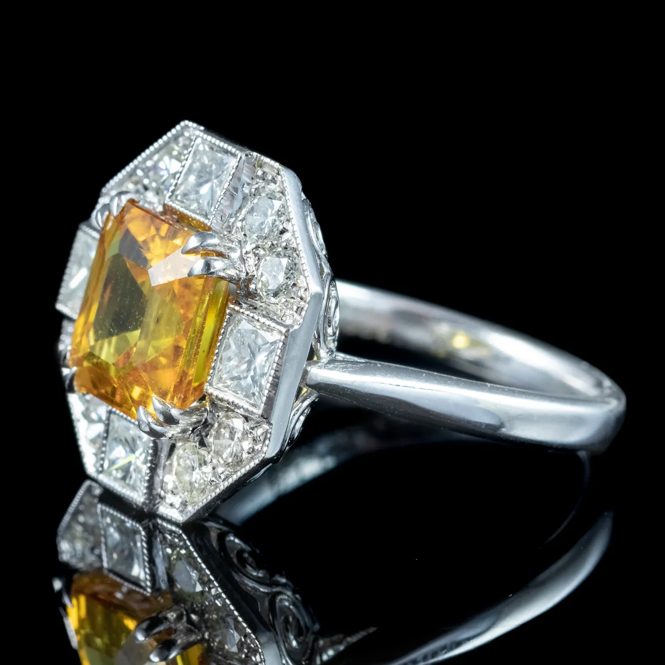 Art Deco Style Yellow Sapphire Diamond Cluster Ring 3.78ct Sapphire