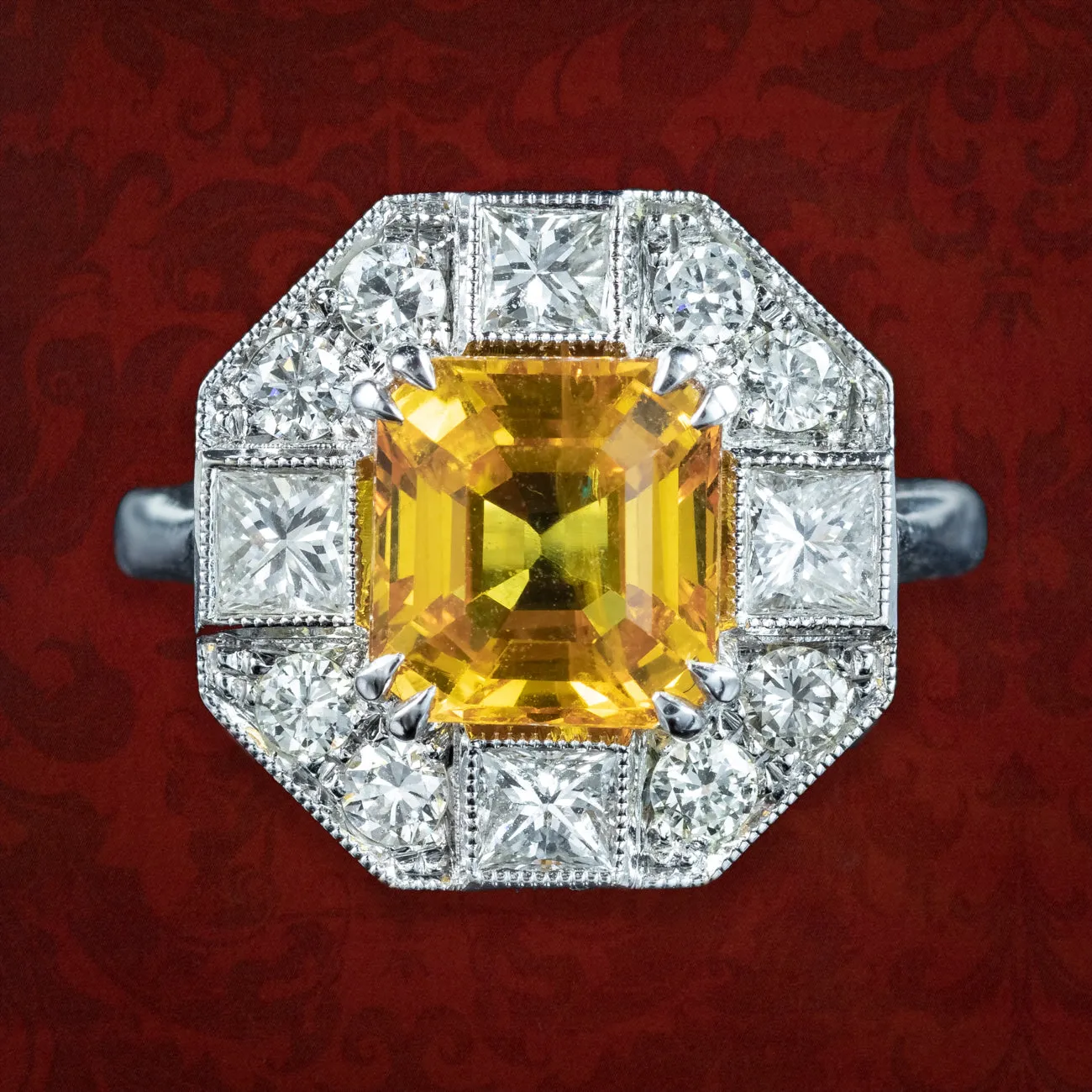 Art Deco Style Yellow Sapphire Diamond Cluster Ring 3.78ct Sapphire