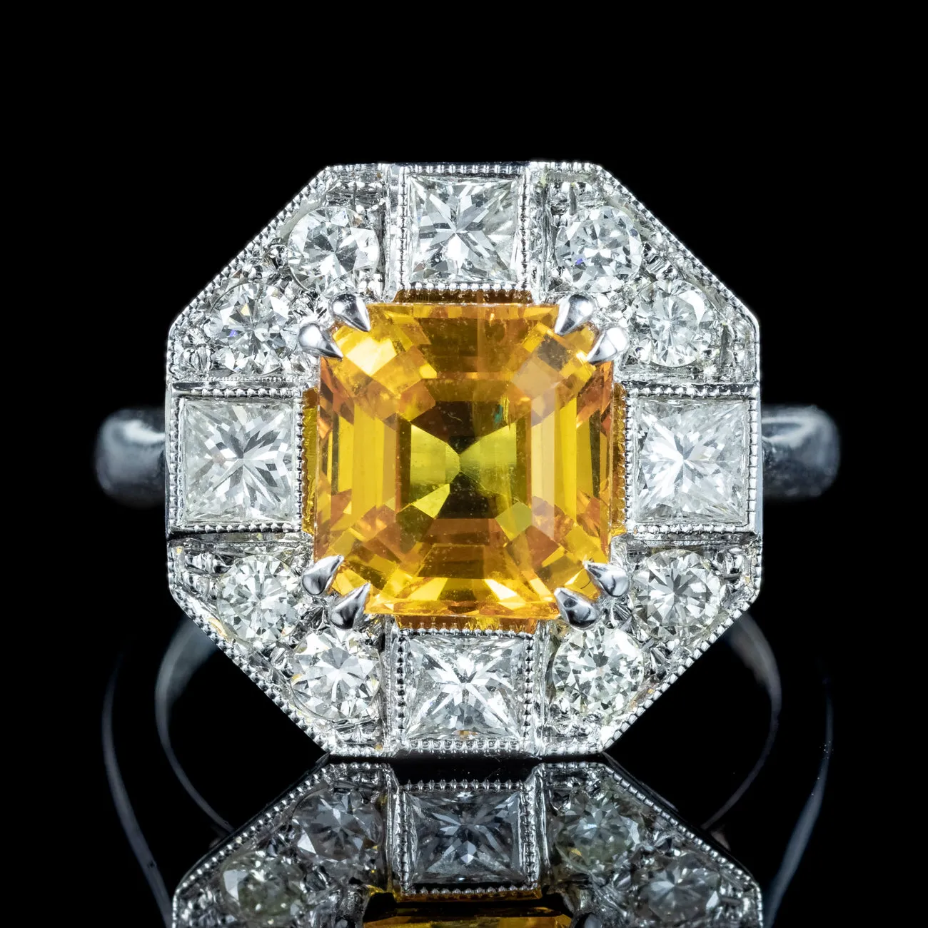 Art Deco Style Yellow Sapphire Diamond Cluster Ring 3.78ct Sapphire