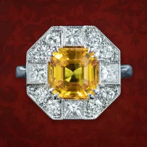 Art Deco Style Yellow Sapphire Diamond Cluster Ring 3.78ct Sapphire