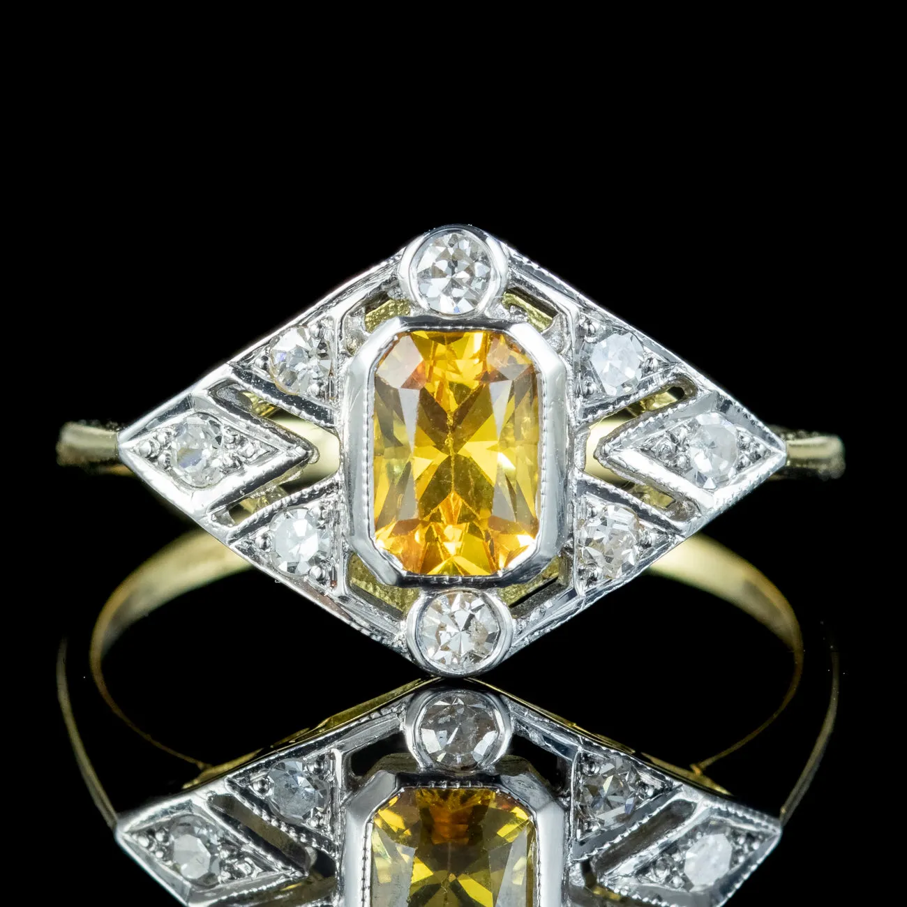 Art Deco Style Yellow Sapphire Diamond Ring 0.60ct Sapphire