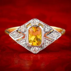 Art Deco Style Yellow Sapphire Diamond Ring 0.60ct Sapphire