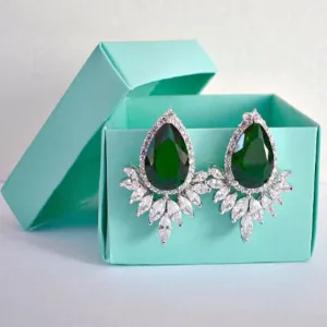 Art Deco White Gold Emerald Teardrop Cubic Zirconia Wedding Stud Earrings. Green Marquise Crystal Bridal Cluster Earrings. Green Wedding.