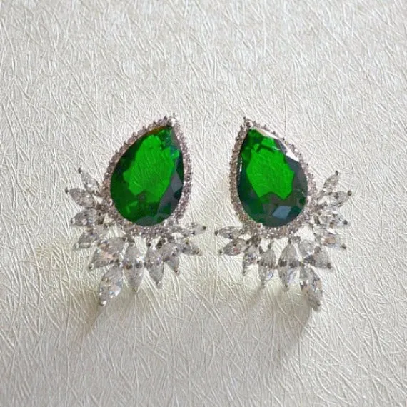 Art Deco White Gold Emerald Teardrop Cubic Zirconia Wedding Stud Earrings. Green Marquise Crystal Bridal Cluster Earrings. Green Wedding.