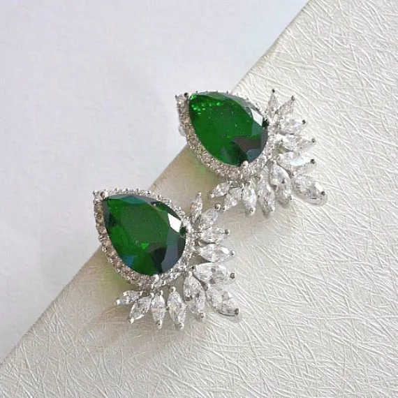 Art Deco White Gold Emerald Teardrop Cubic Zirconia Wedding Stud Earrings. Green Marquise Crystal Bridal Cluster Earrings. Green Wedding.