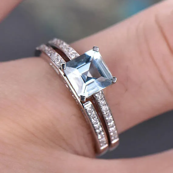 Asscher cut Aquamarine engagement ring set-Solid 14k white gold-handmade Diamond Wedding ring-2PC Stacking ring-6.5mm birthstone of March