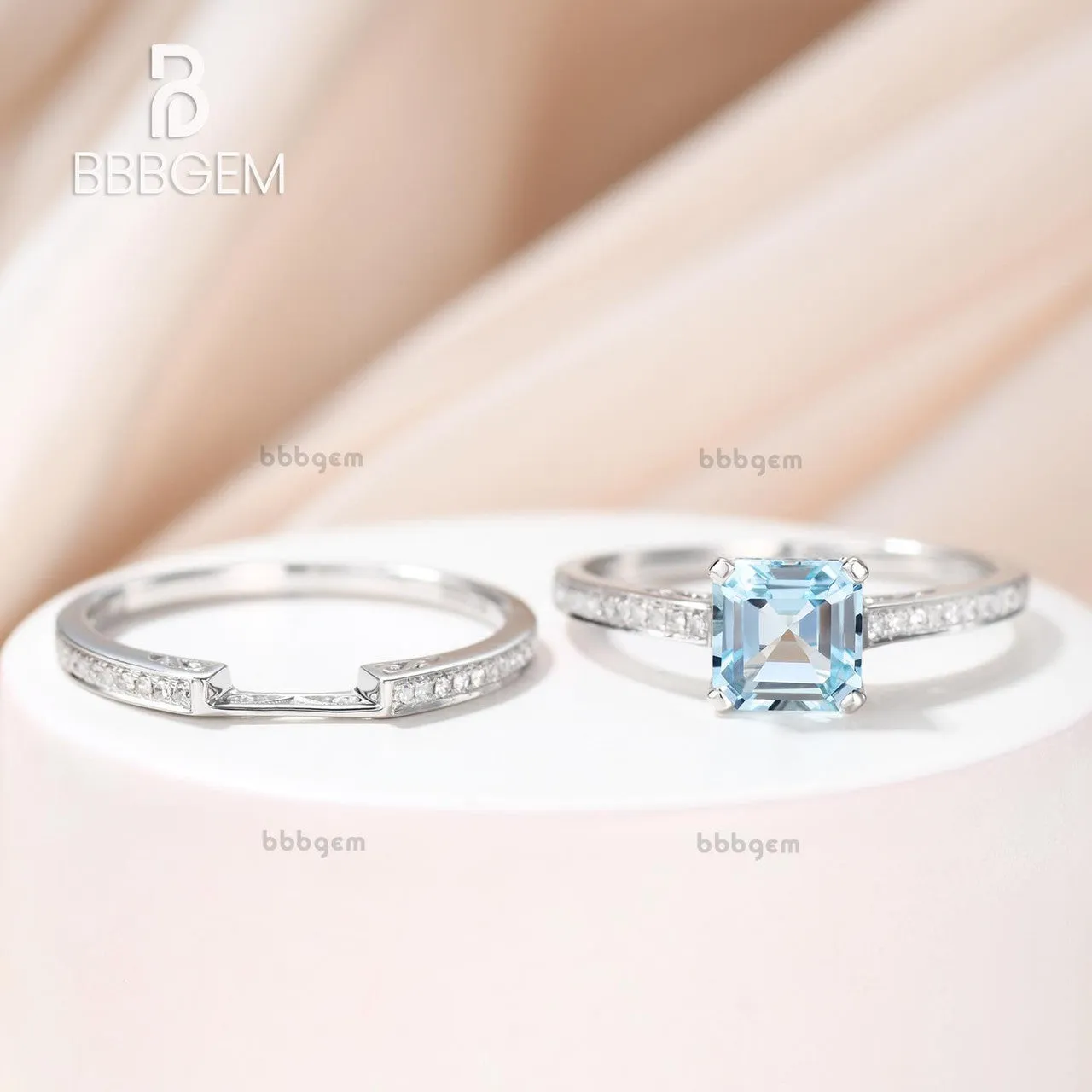 Asscher cut Aquamarine engagement ring set-Solid 14k white gold-handmade Diamond Wedding ring-2PC Stacking ring-6.5mm birthstone of March