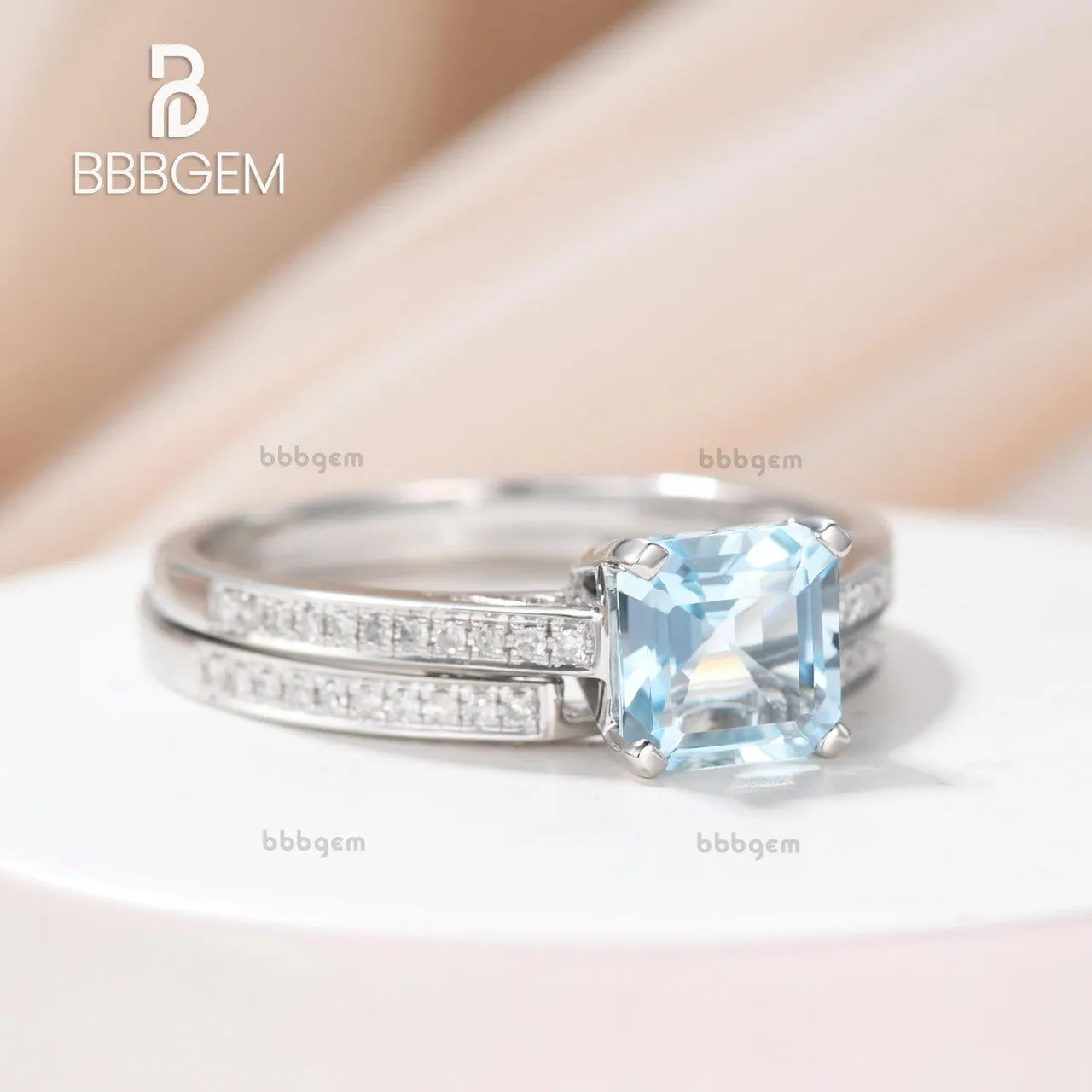 Asscher cut Aquamarine engagement ring set-Solid 14k white gold-handmade Diamond Wedding ring-2PC Stacking ring-6.5mm birthstone of March