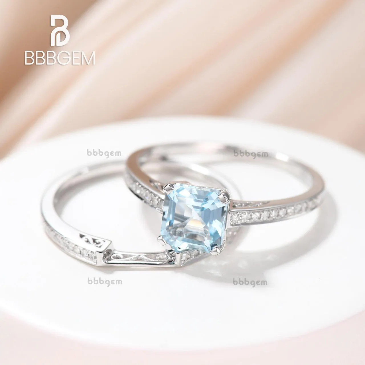 Asscher cut Aquamarine engagement ring set-Solid 14k white gold-handmade Diamond Wedding ring-2PC Stacking ring-6.5mm birthstone of March