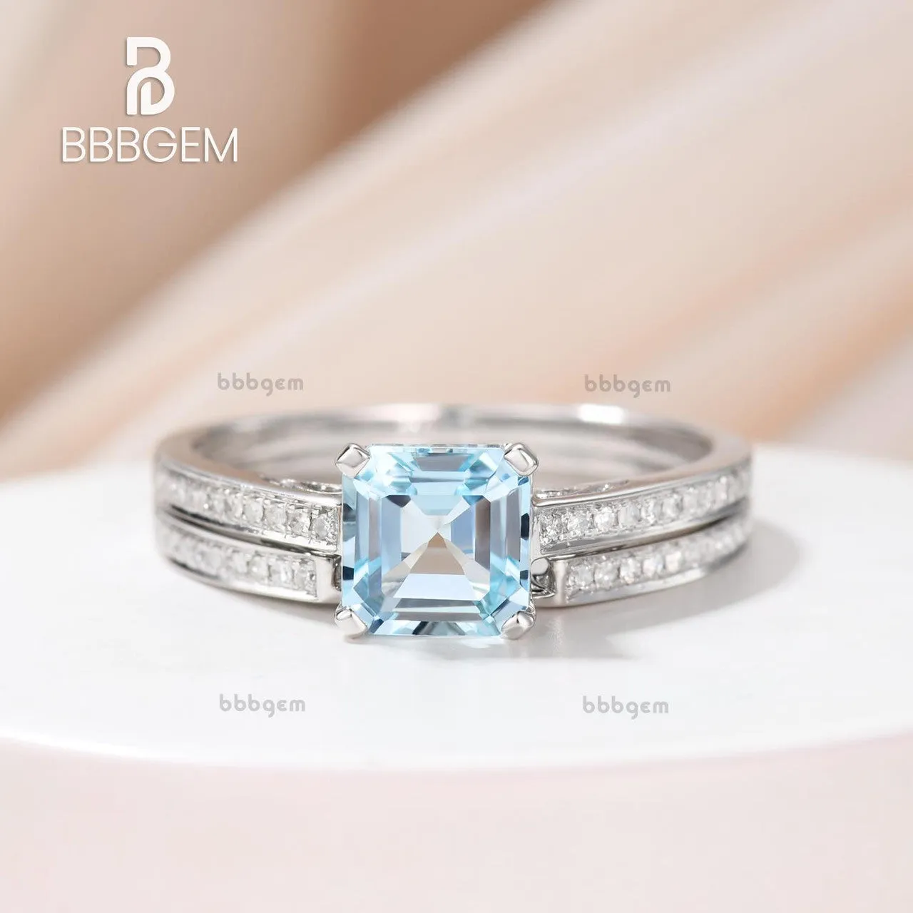 Asscher cut Aquamarine engagement ring set-Solid 14k white gold-handmade Diamond Wedding ring-2PC Stacking ring-6.5mm birthstone of March