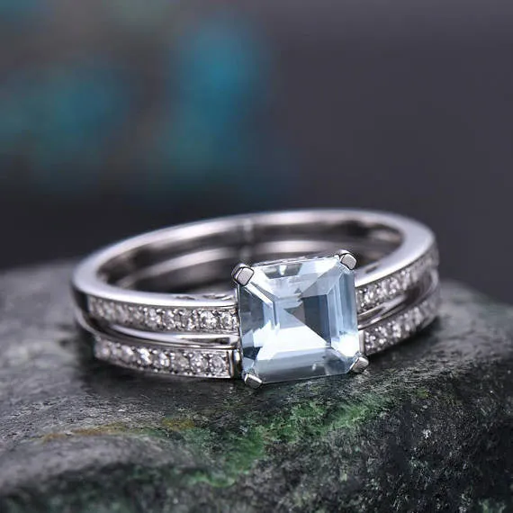 Asscher cut Aquamarine engagement ring set-Solid 14k white gold-handmade Diamond Wedding ring-2PC Stacking ring-6.5mm birthstone of March