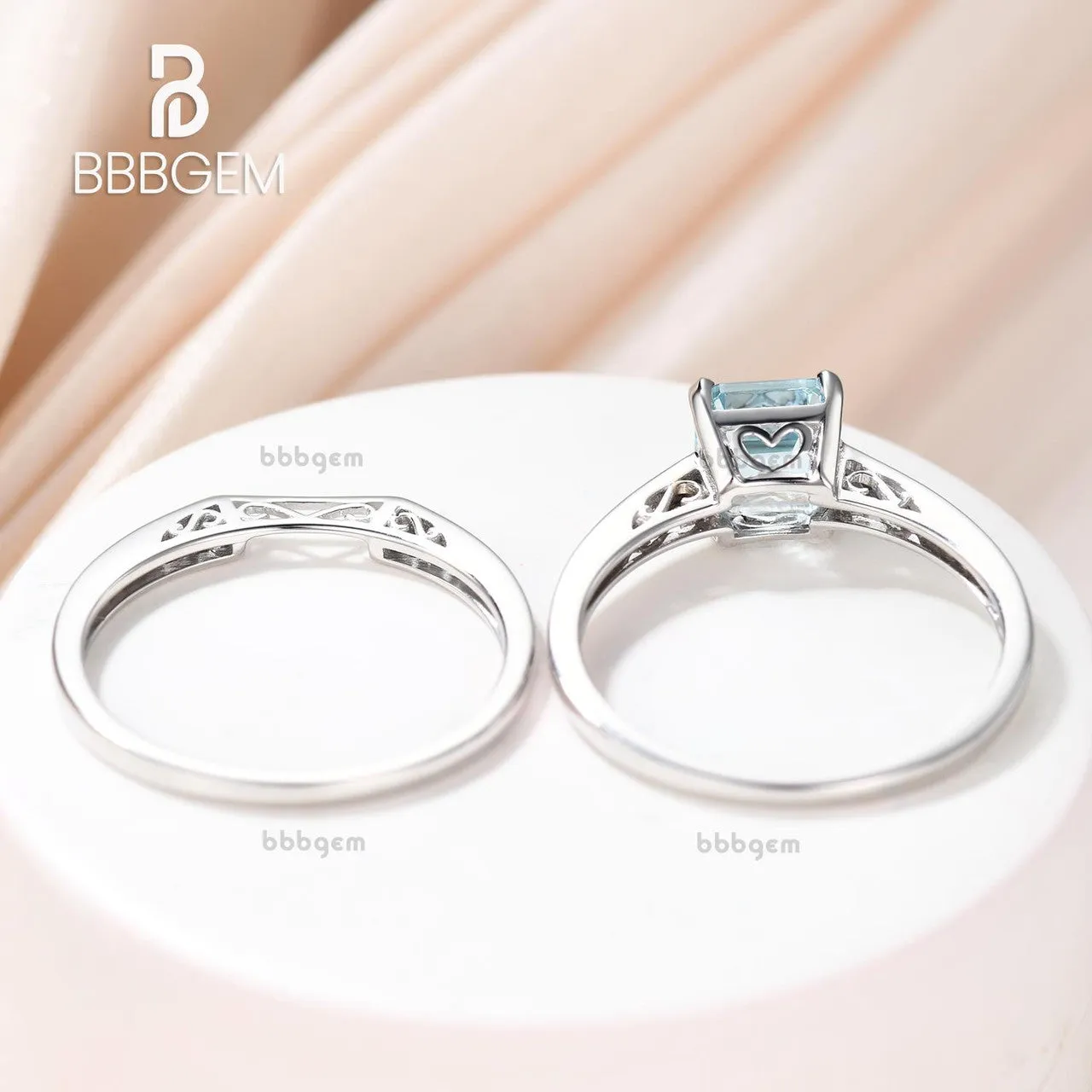 Asscher cut Aquamarine engagement ring set-Solid 14k white gold-handmade Diamond Wedding ring-2PC Stacking ring-6.5mm birthstone of March