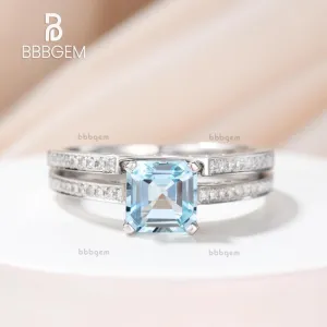Asscher cut Aquamarine engagement ring set-Solid 14k white gold-handmade Diamond Wedding ring-2PC Stacking ring-6.5mm birthstone of March