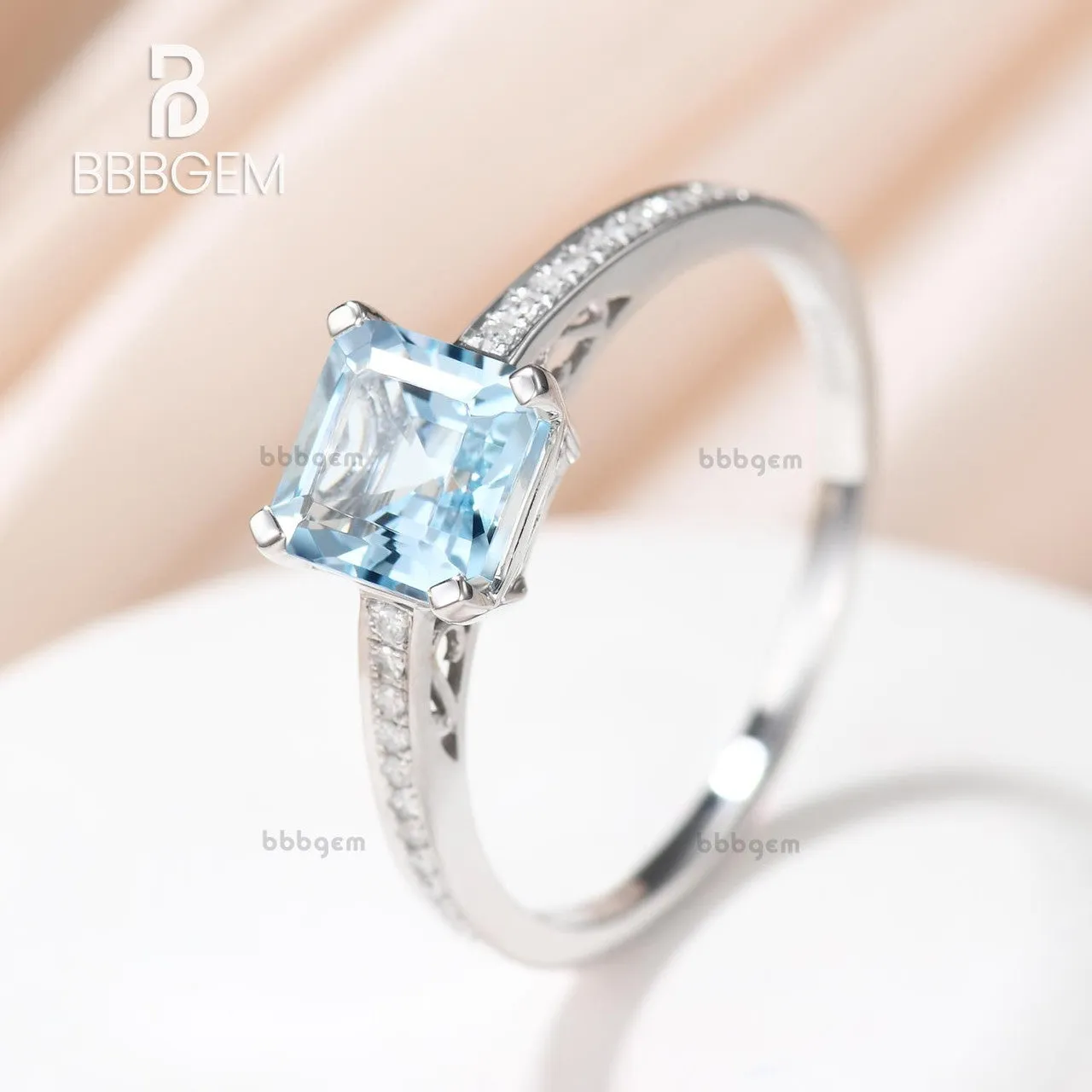 Asscher cut Aquamarine engagement ring set-Solid 14k white gold-handmade Diamond Wedding ring-2PC Stacking ring-6.5mm birthstone of March