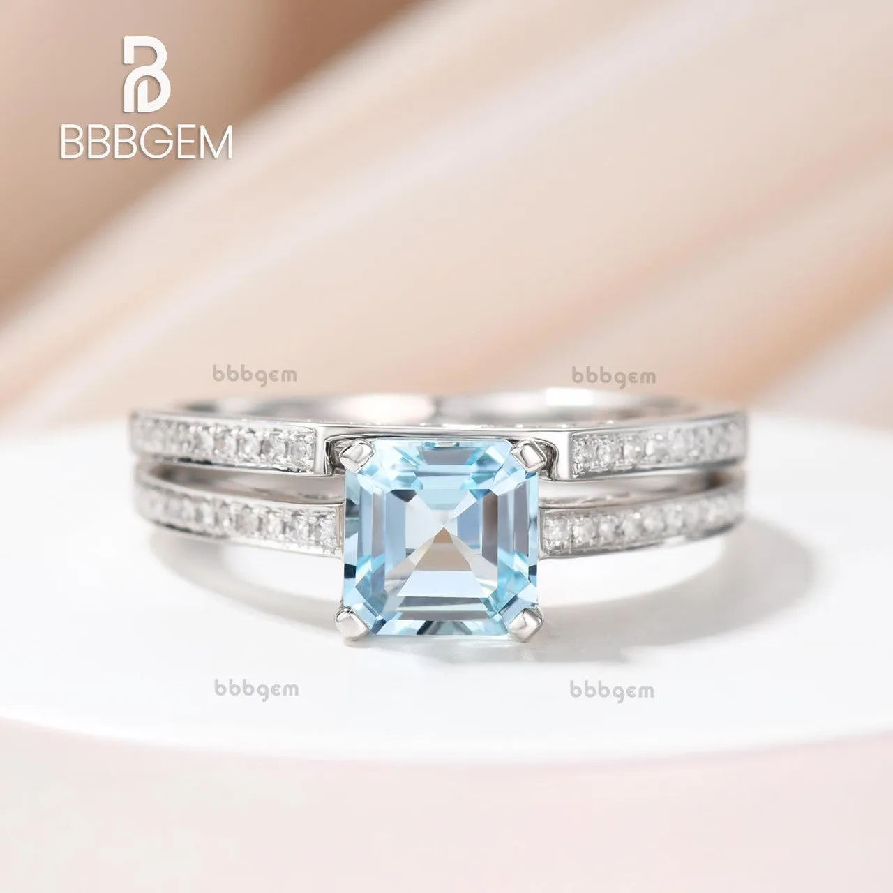 Asscher cut Aquamarine engagement ring set-Solid 14k white gold-handmade Diamond Wedding ring-2PC Stacking ring-6.5mm birthstone of March