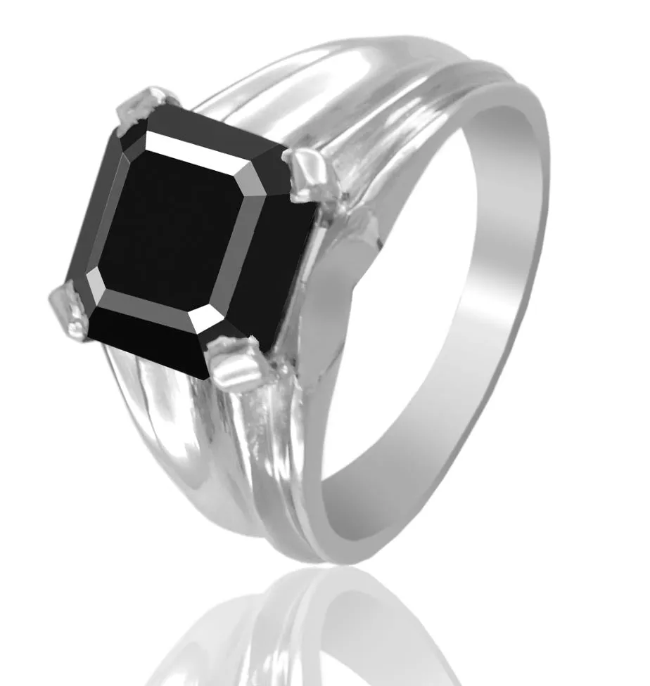 Asscher Cut Black Diamond Solitaire Engagement Ring in Prongs, Great Shine & Excellent Cut