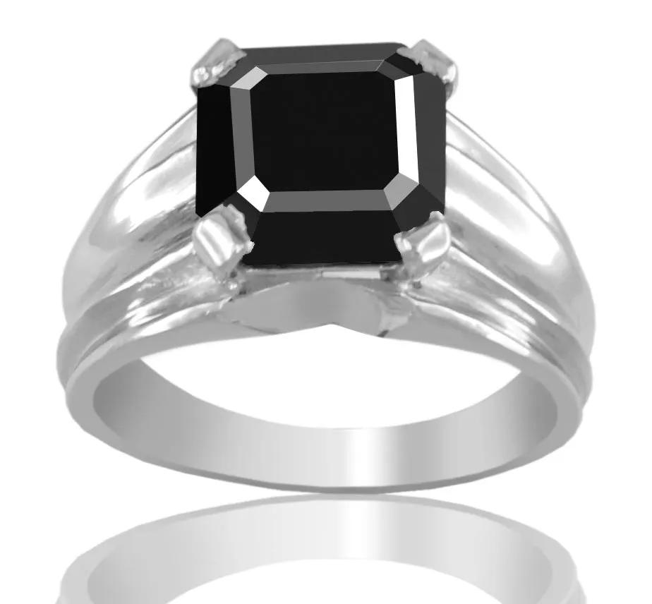 Asscher Cut Black Diamond Solitaire Engagement Ring in Prongs, Great Shine & Excellent Cut