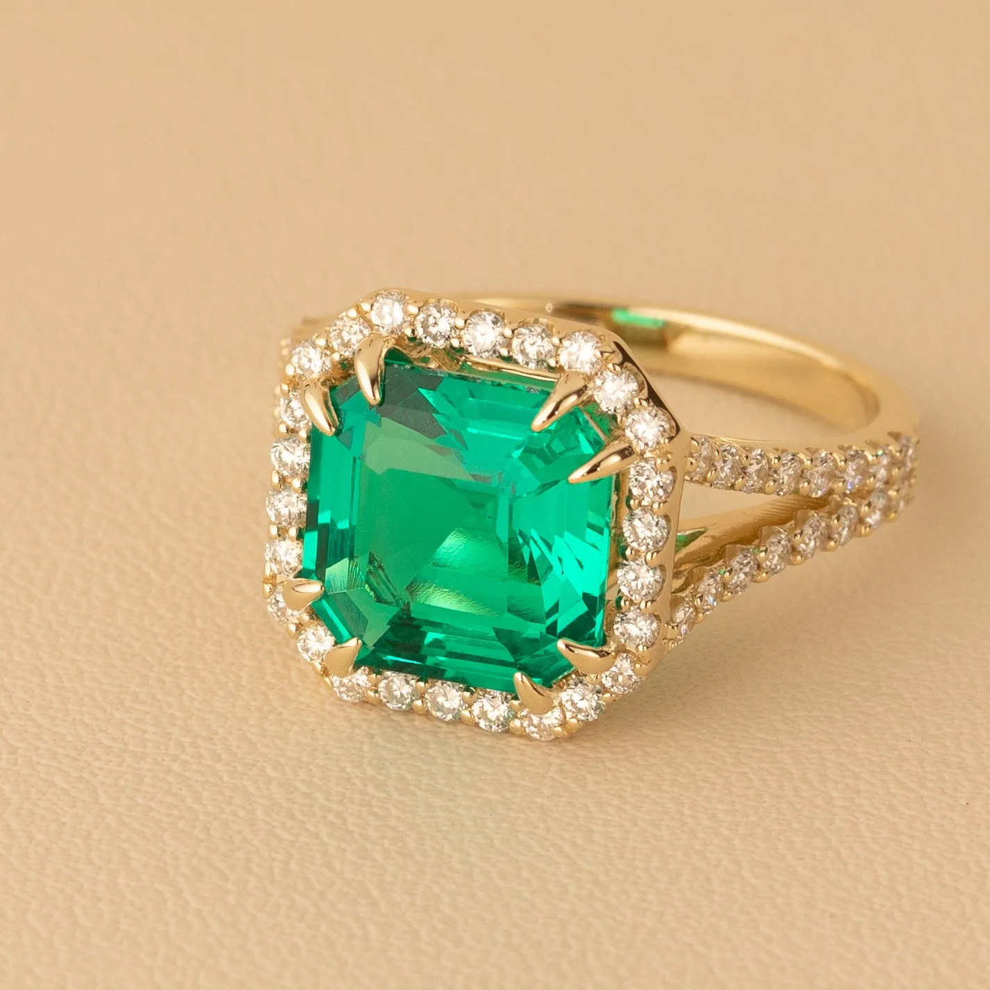 Asscher Cut Colombian Emerald and Diamond Ring 14K Gold 4.65 Carats Total