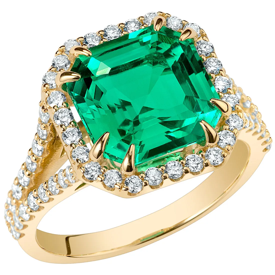 Asscher Cut Colombian Emerald and Diamond Ring 14K Gold 4.65 Carats Total