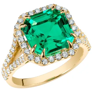 Asscher Cut Colombian Emerald and Diamond Ring 14K Gold 4.65 Carats Total