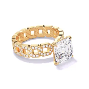 ASSCHER CUT DIAMOND ENGAGEMENT RING WITH A CLASSIC 4 PRONG 16 PAVE LINKS SETTING IN 18K YELLOW GOLD