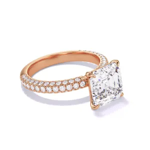 ASSCHER CUT DIAMOND ENGAGEMENT RING WITH A CLASSIC 4 PRONG THREE PHASES TRIPLE PAVE SETTING IN 18K ROSE GOLD