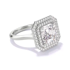 ASSCHER CUT DIAMOND ENGAGEMENT RING WITH A DOUBLE HALO THREE PHASES SLIM SETTING IN PLATINUM
