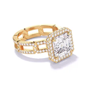 ASSCHER CUT DIAMOND ENGAGEMENT RING WITH A WRAPPED HALO 8 PAVE LINKS SETTING IN 18K YELLOW GOLD