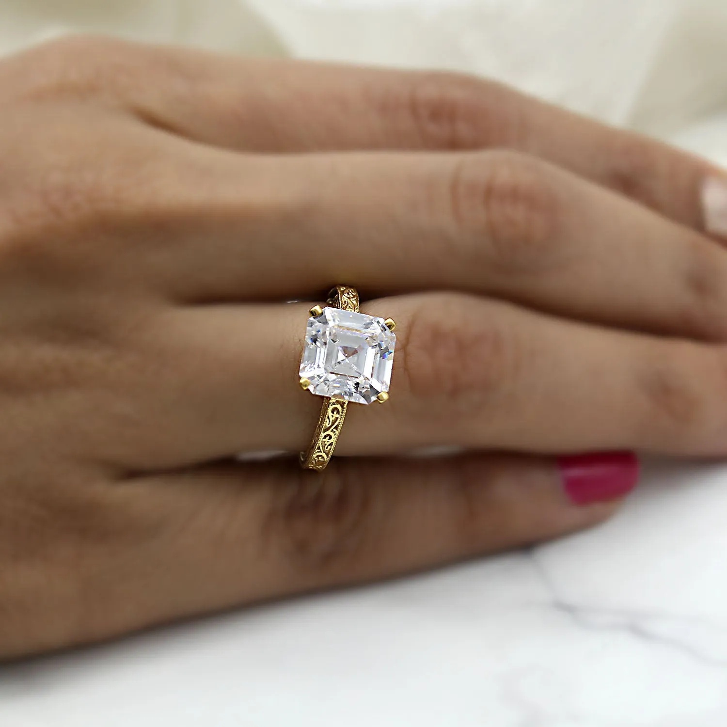 Asscher Cut Simulated Diamond Designer Engagement Ring 14kt Yellow Gold