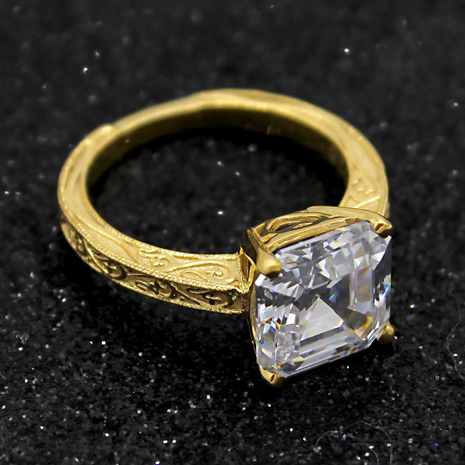 Asscher Cut Simulated Diamond Designer Engagement Ring 14kt Yellow Gold