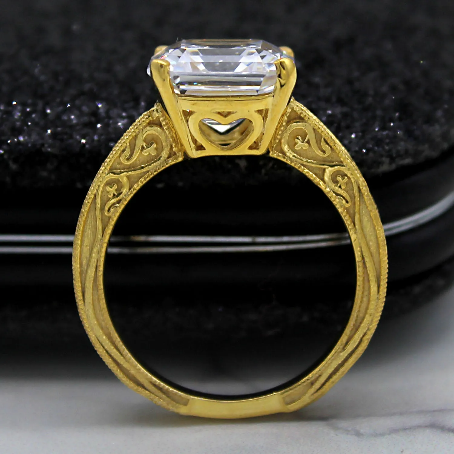 Asscher Cut Simulated Diamond Designer Engagement Ring 14kt Yellow Gold