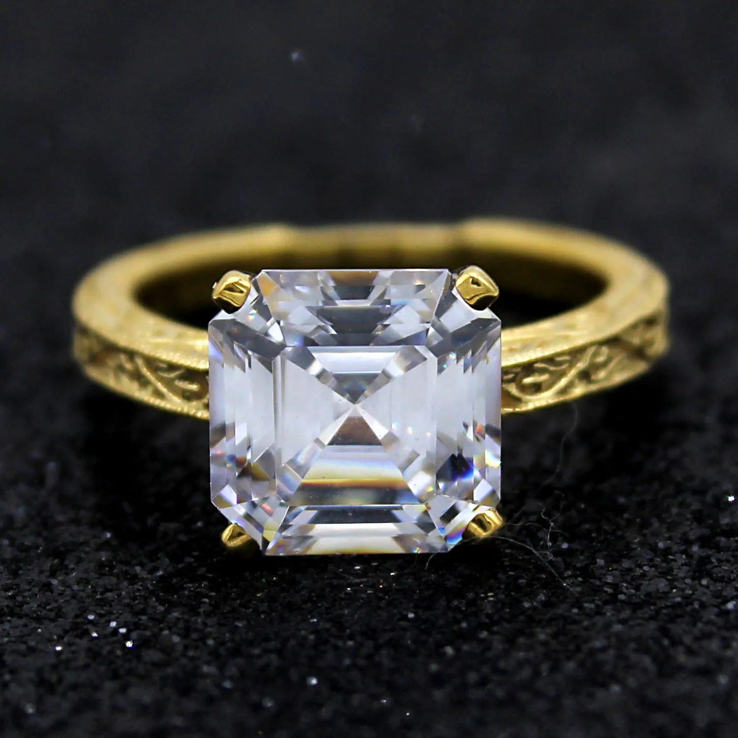Asscher Cut Simulated Diamond Designer Engagement Ring 14kt Yellow Gold