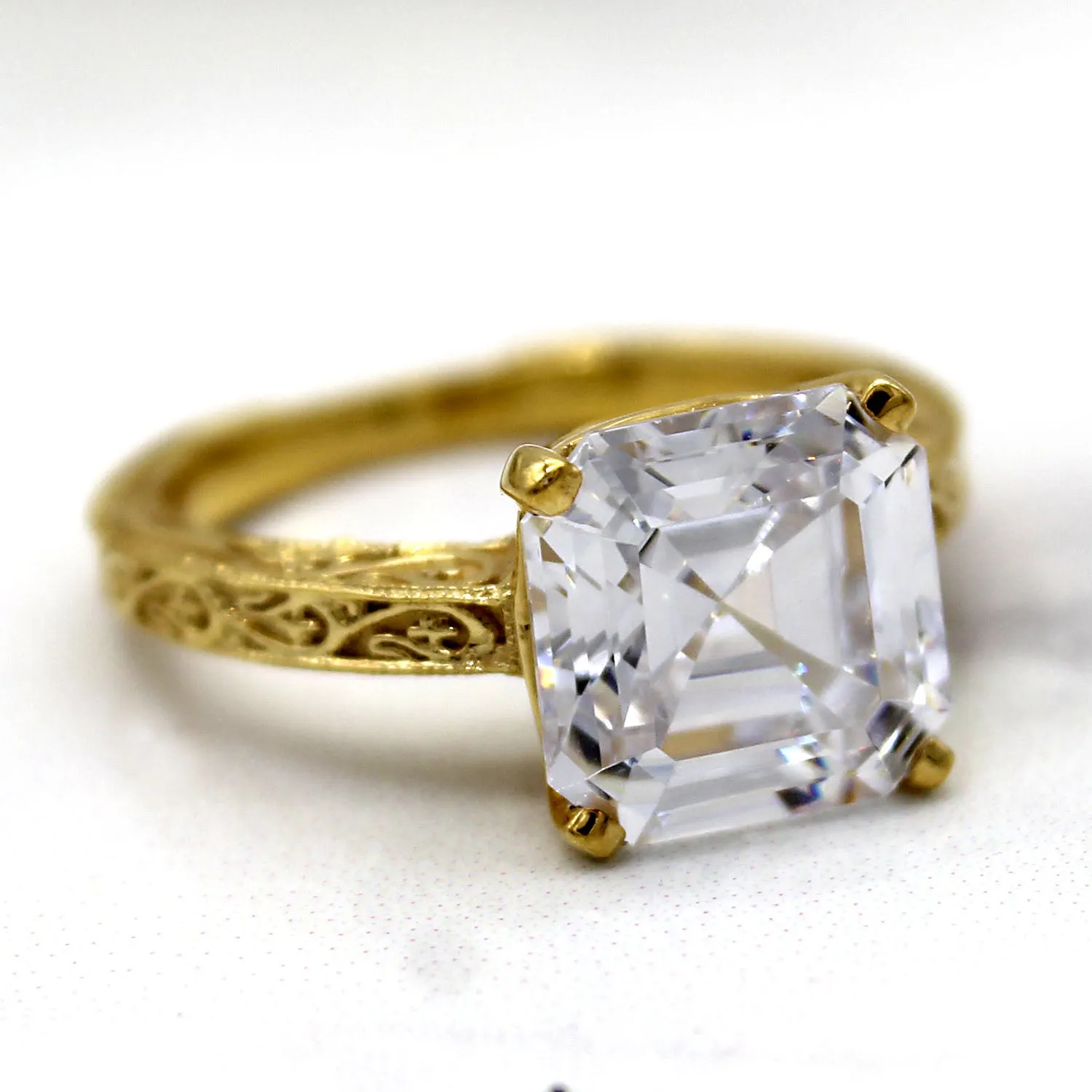 Asscher Cut Simulated Diamond Designer Engagement Ring 14kt Yellow Gold