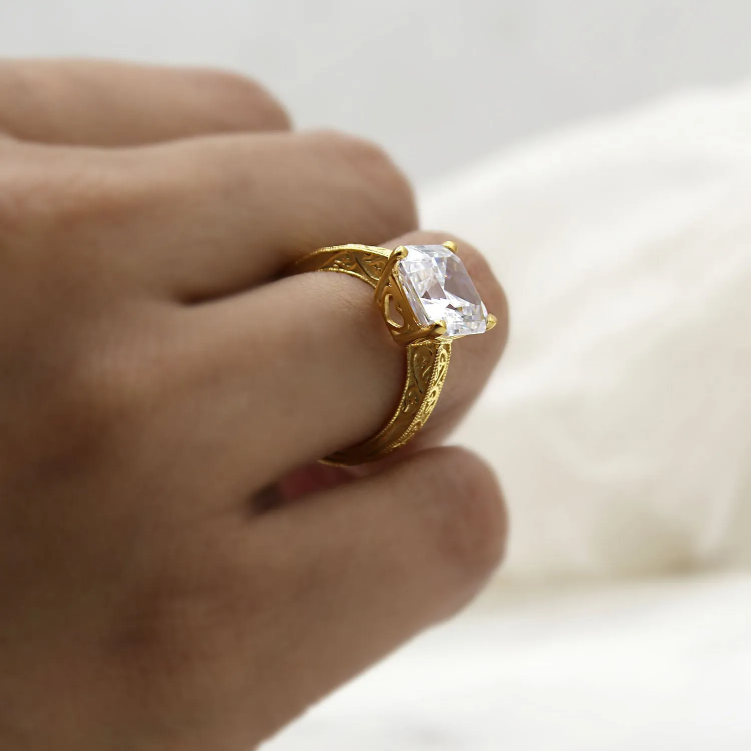 Asscher Cut Simulated Diamond Designer Engagement Ring 14kt Yellow Gold