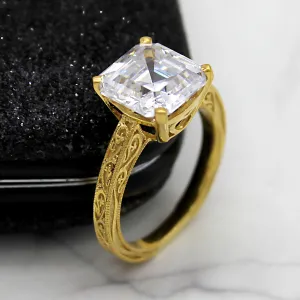 Asscher Cut Simulated Diamond Designer Engagement Ring 14kt Yellow Gold