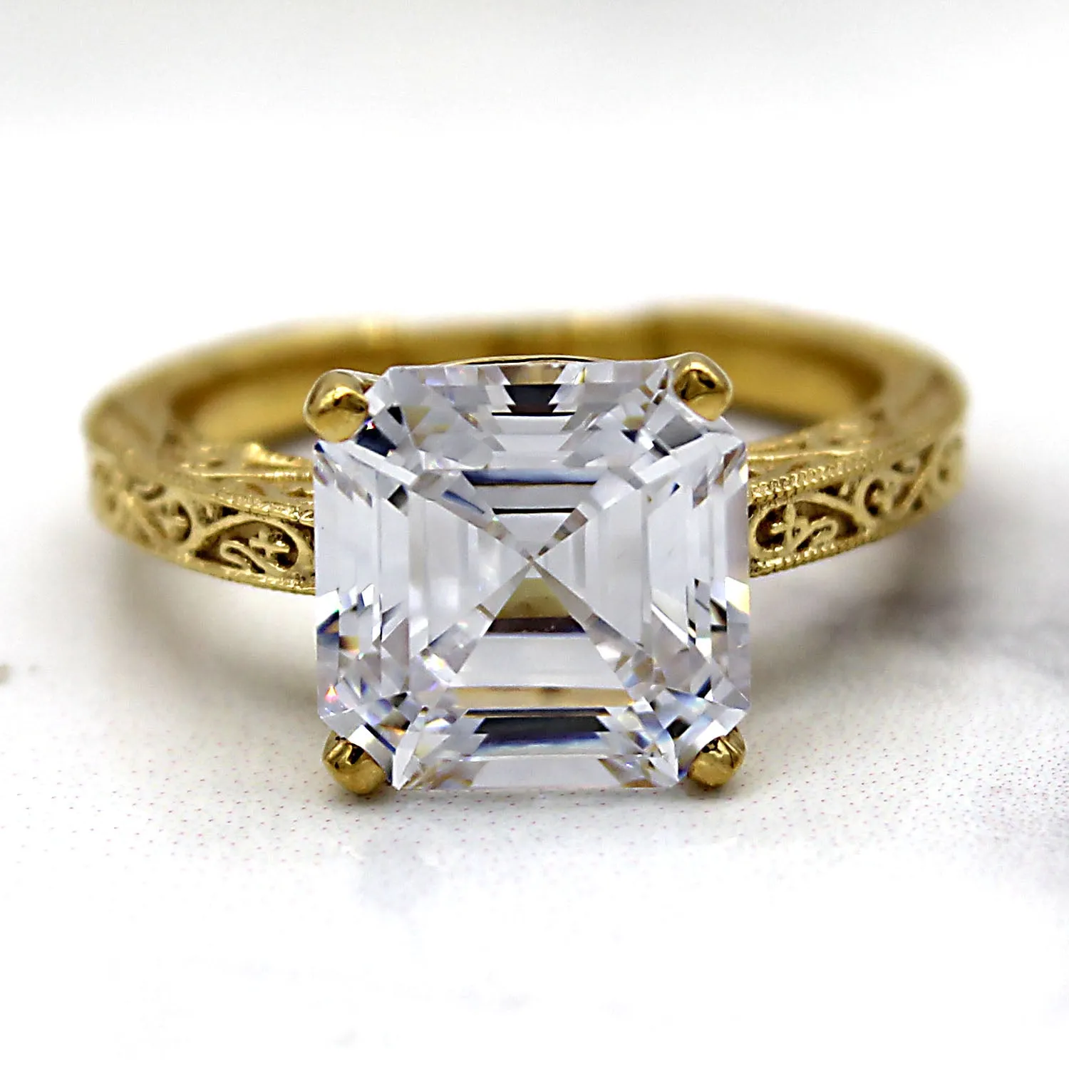 Asscher Cut Simulated Diamond Designer Engagement Ring 14kt Yellow Gold