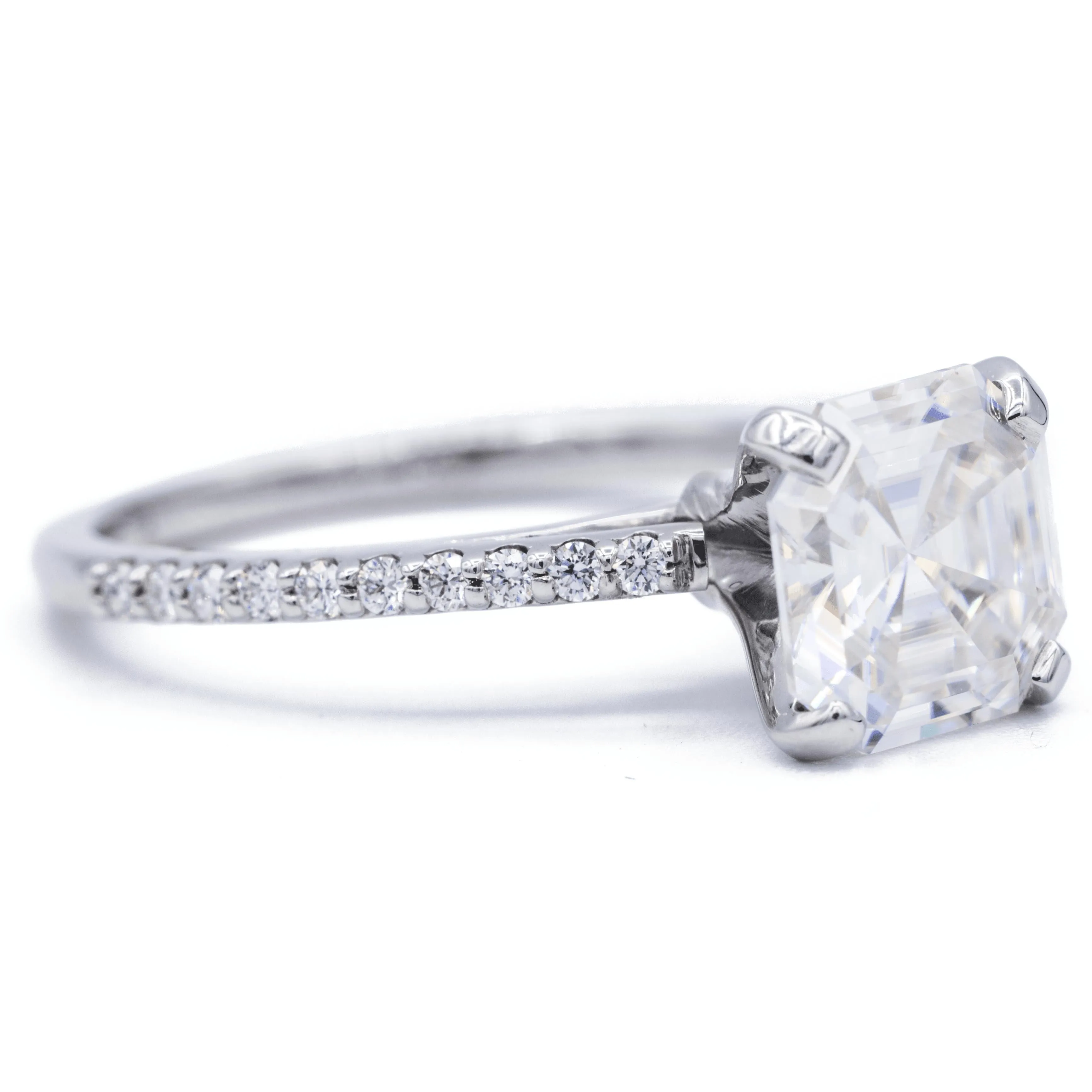 Asscher Moissanite 4 Prongs Diamond Accent Ice Cathedral Solitaire Ring