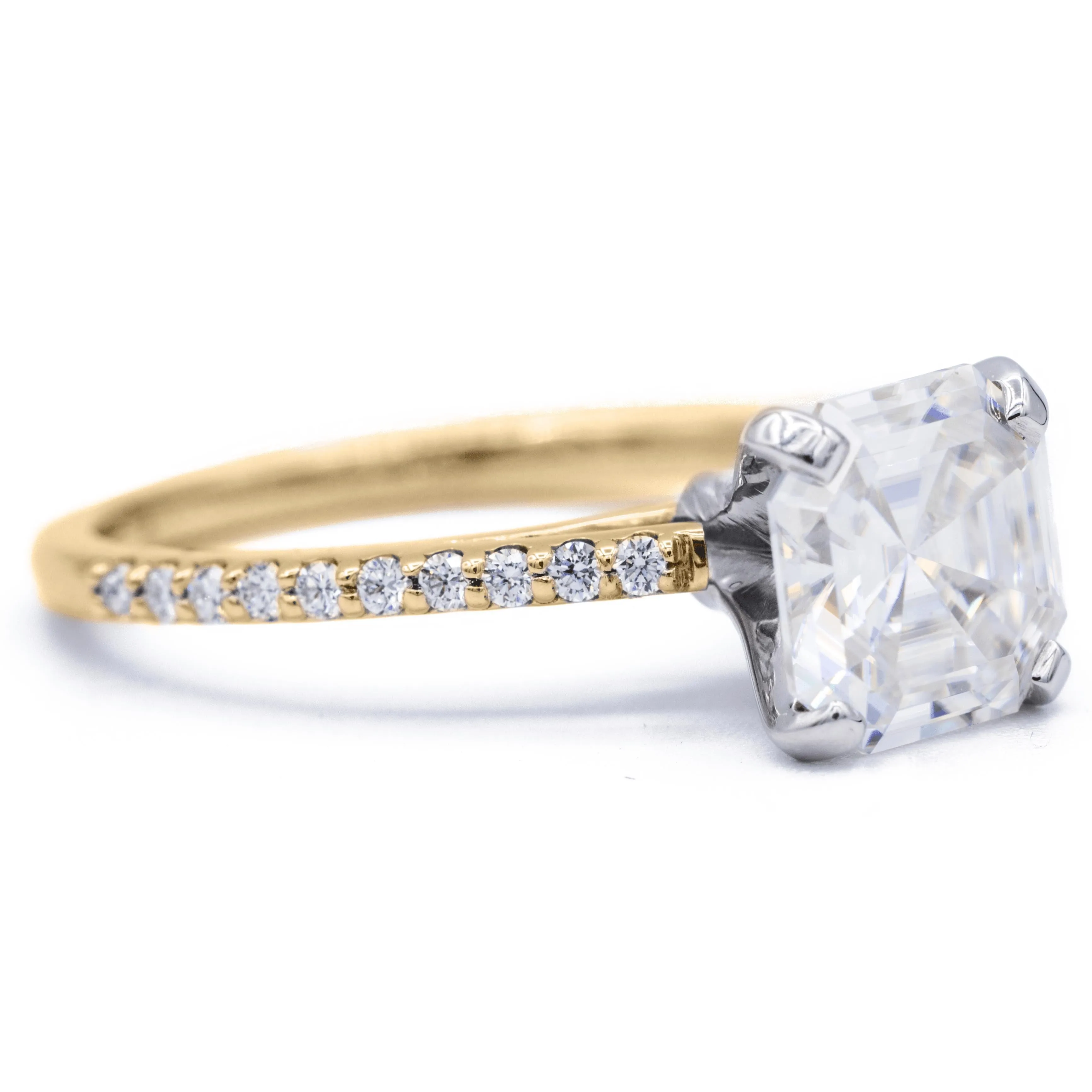 Asscher Moissanite 4 Prongs Diamond Accent Ice Cathedral Solitaire Ring