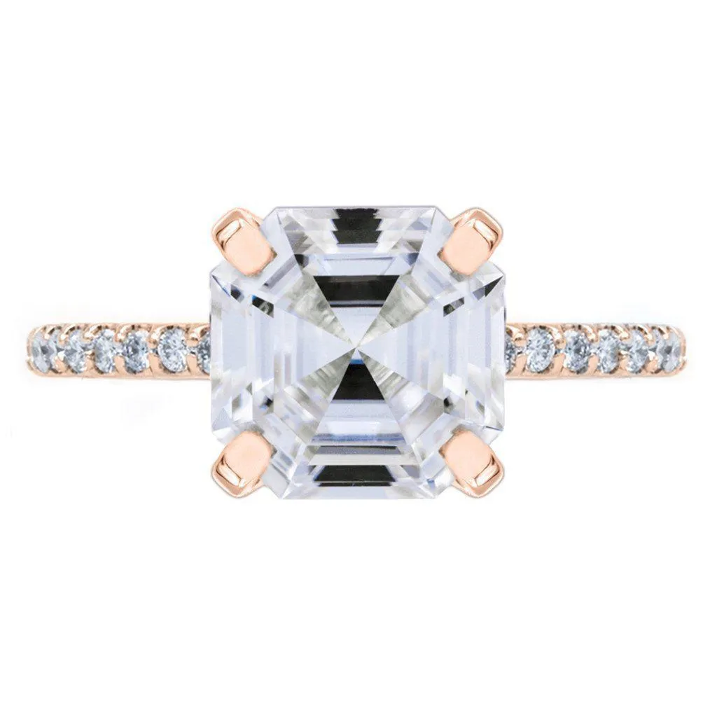 Asscher Moissanite 4 Prongs Diamond Accent Ice Cathedral Solitaire Ring