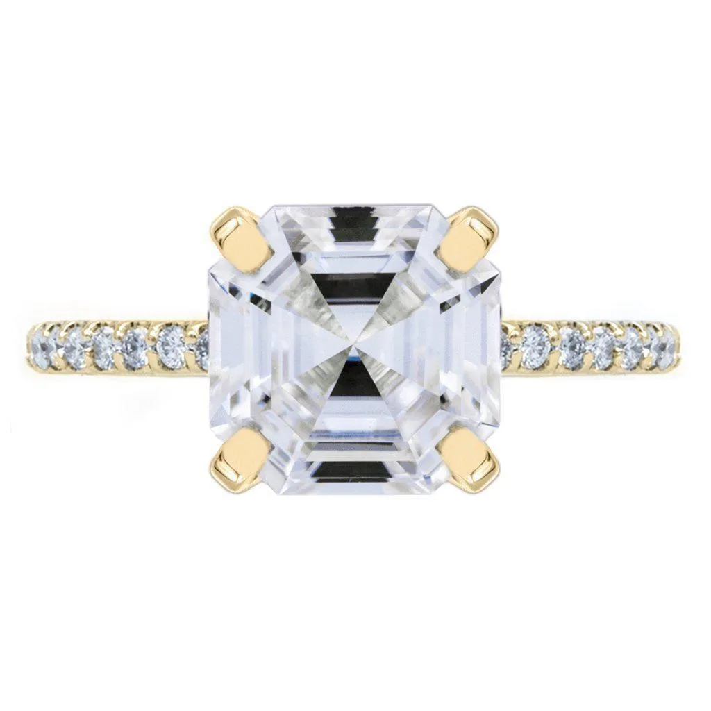Asscher Moissanite 4 Prongs Diamond Accent Ice Cathedral Solitaire Ring
