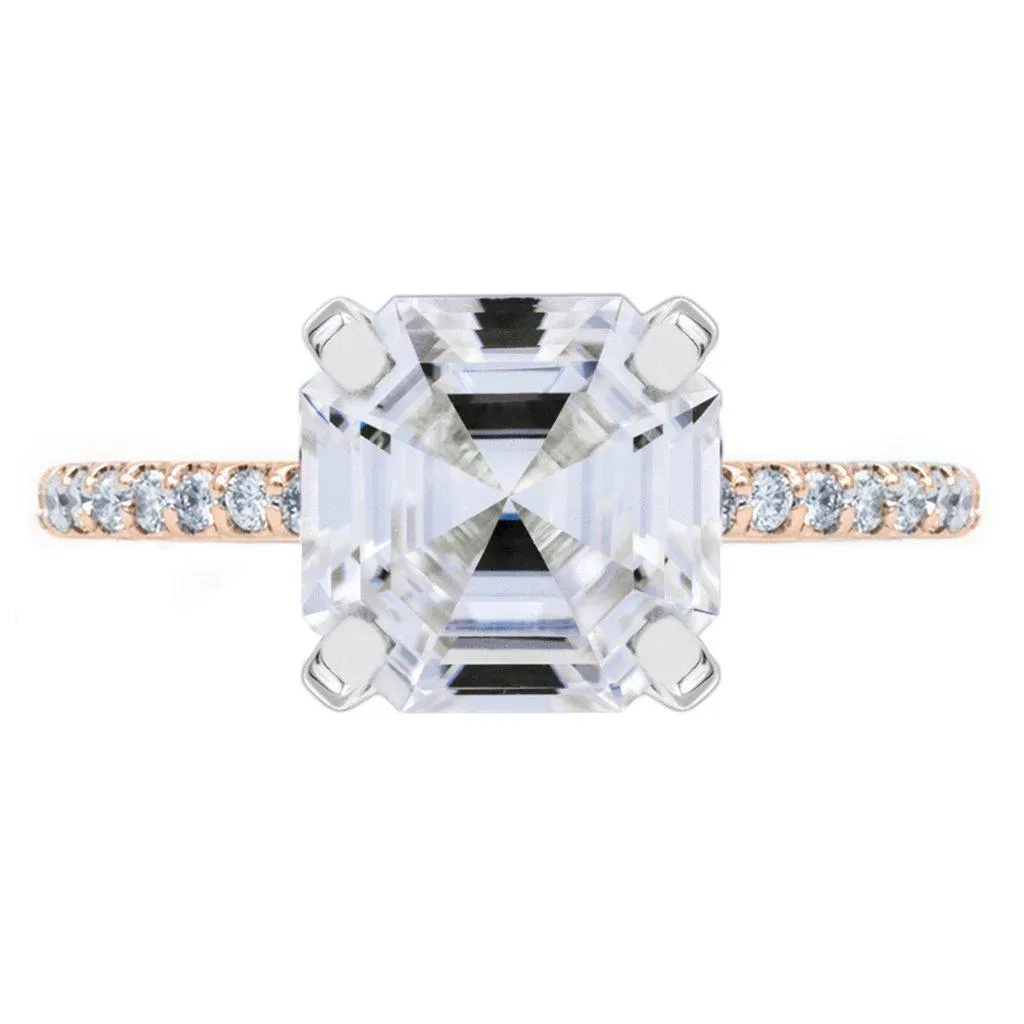Asscher Moissanite 4 Prongs Diamond Accent Ice Cathedral Solitaire Ring