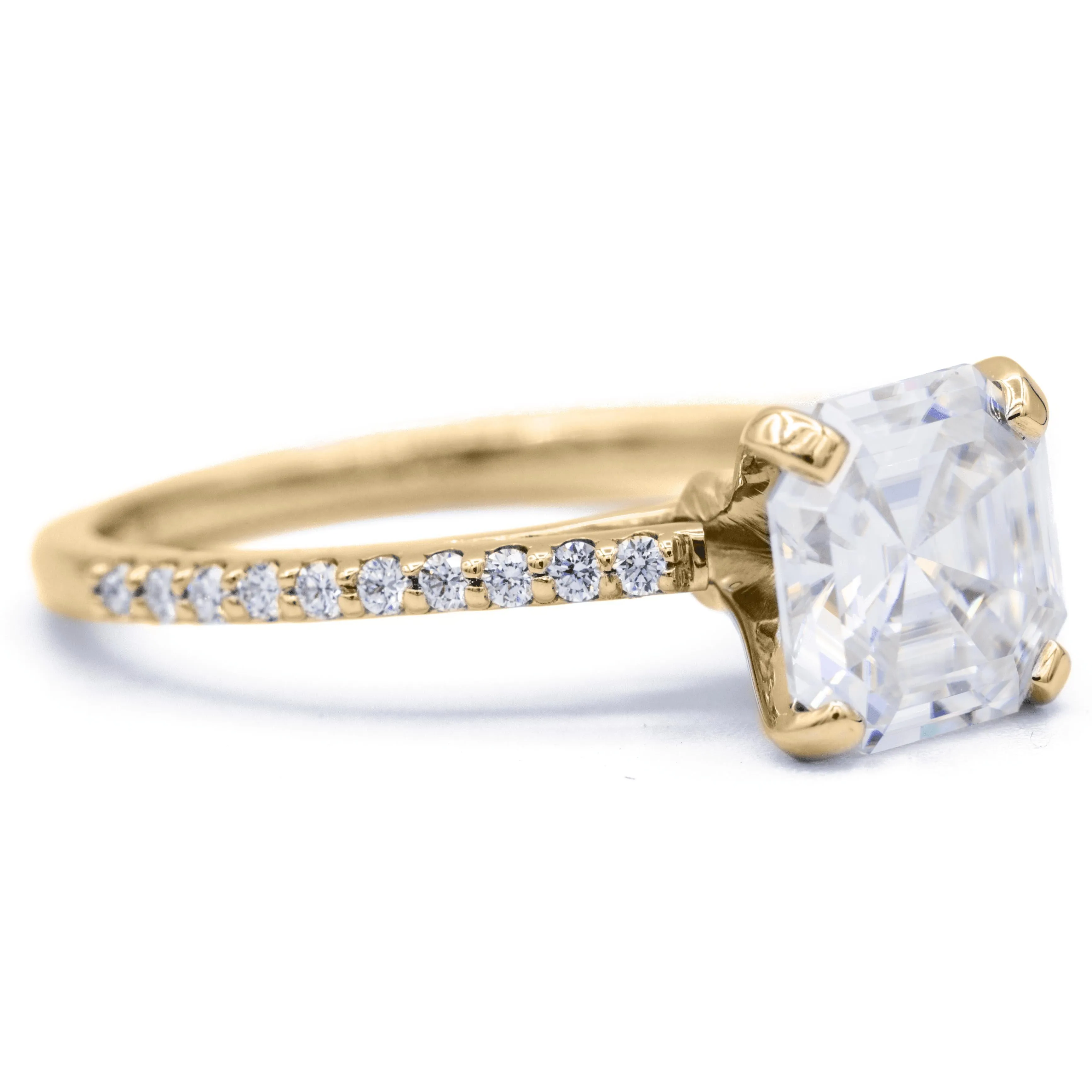 Asscher Moissanite 4 Prongs Diamond Accent Ice Cathedral Solitaire Ring