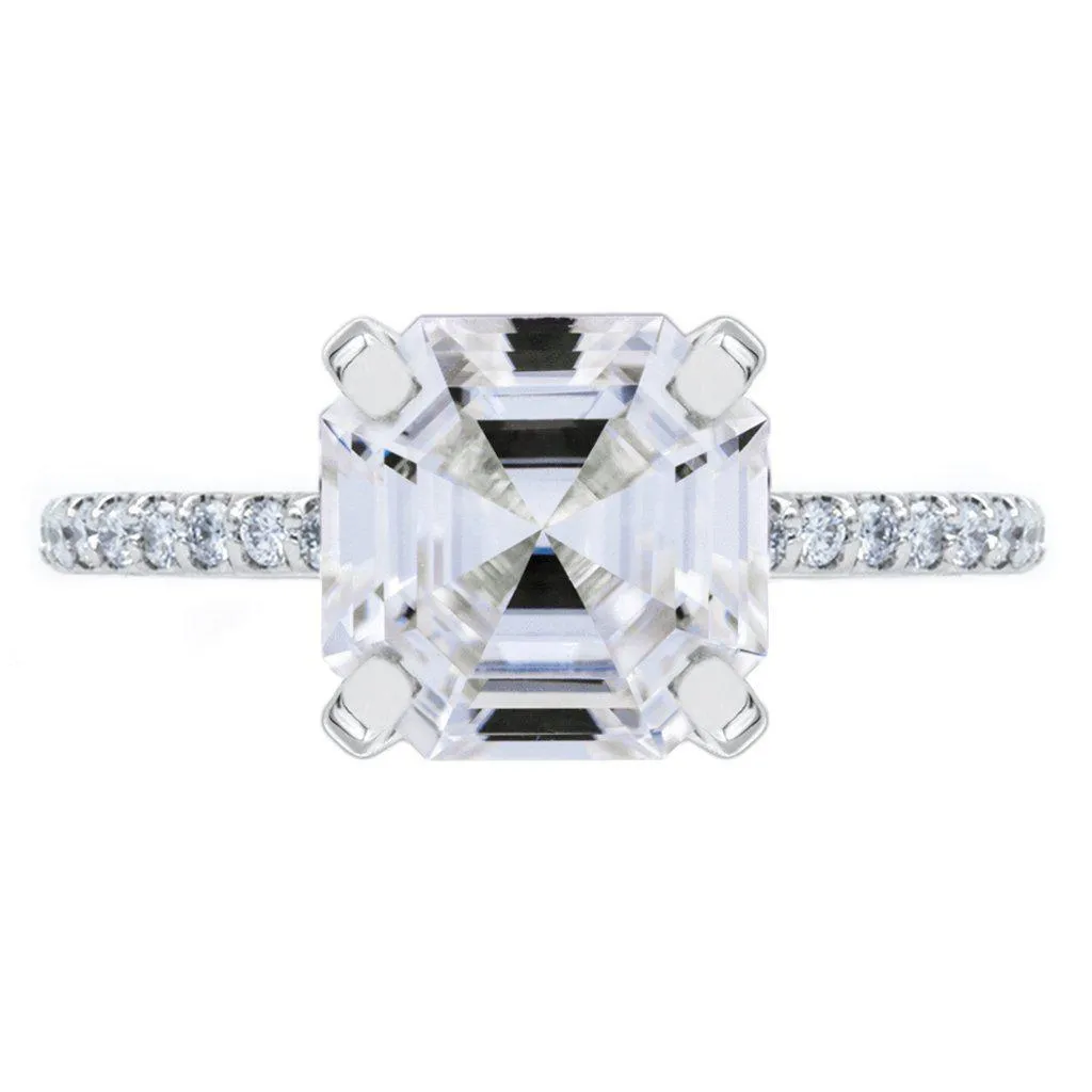 Asscher Moissanite 4 Prongs Diamond Accent Ice Cathedral Solitaire Ring