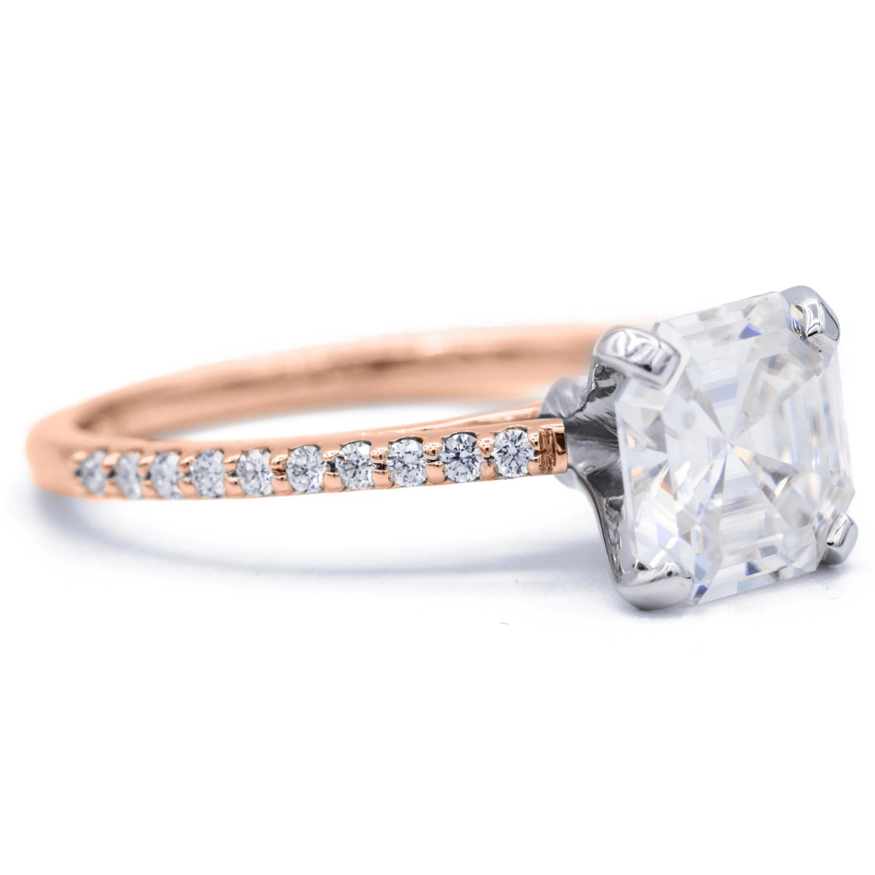 Asscher Moissanite 4 Prongs Diamond Accent Ice Cathedral Solitaire Ring