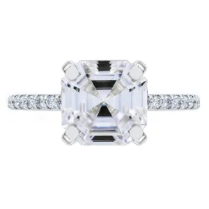 Asscher Moissanite 4 Prongs Diamond Accent Ice Cathedral Solitaire Ring