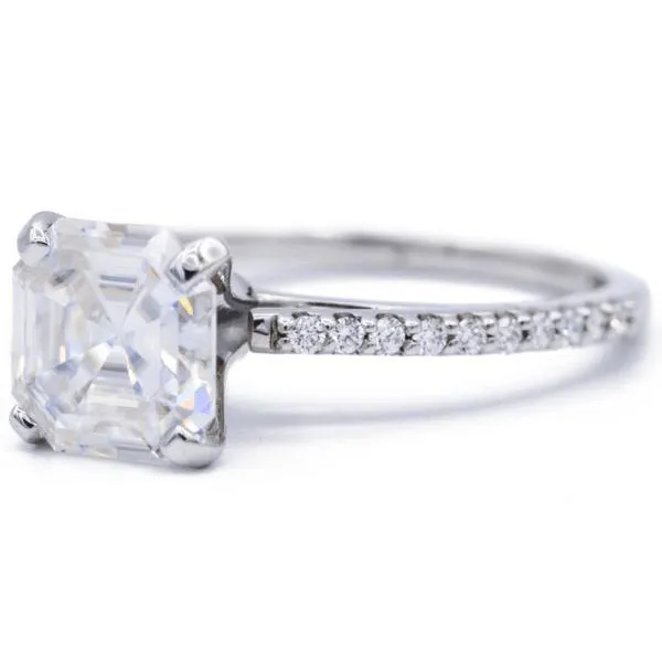 Asscher Moissanite 4 Prongs Diamond Accent Ice Cathedral Solitaire Ring