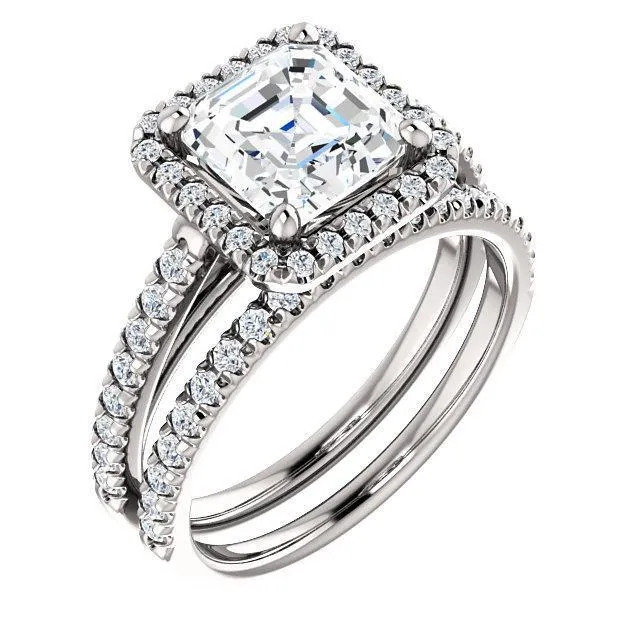 Asscher Moissanite Diamond Accent Ice Halo Cathedral Ring