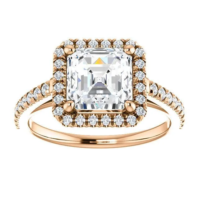 Asscher Moissanite Diamond Accent Ice Halo Cathedral Ring